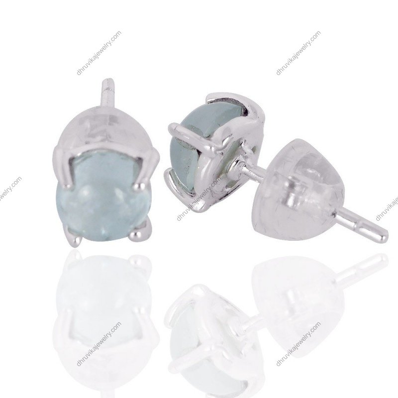 Sterling silver aquamarine stud earrings with round-cut gemstone in prong setting alternate image