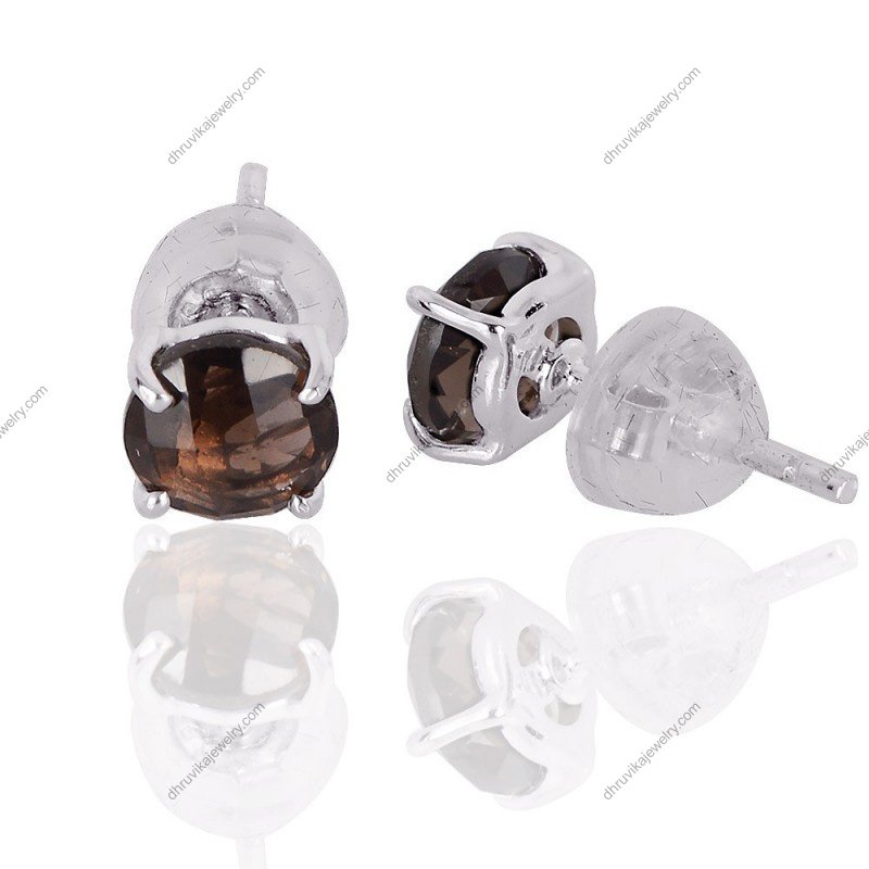 Elegant silver smoky quartz stud earrings in sterling silver setting alternate image