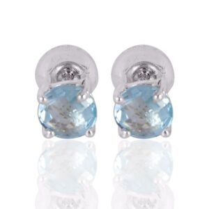 Sterling silver blue topaz stud earrings with round-cut gemstones and butterfly backs main view