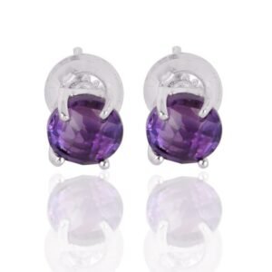 Silver amethyst stud earrings with sterling silver setting and faceted purple gemstones main view