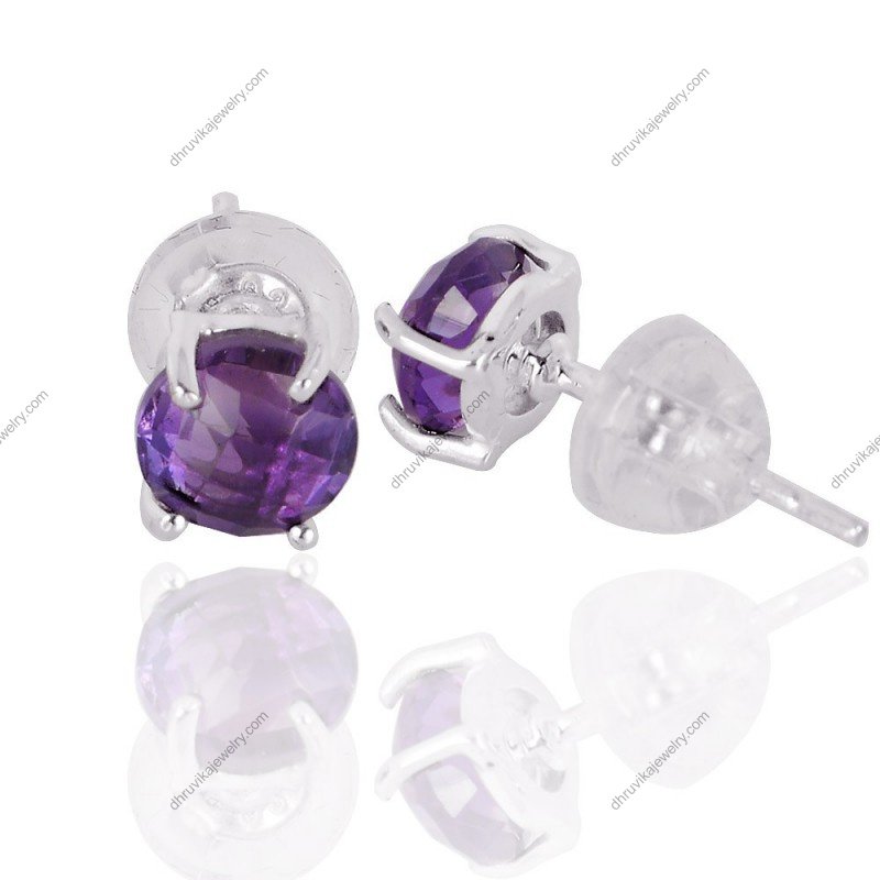 Silver amethyst stud earrings with sterling silver setting and faceted purple gemstones alternate image