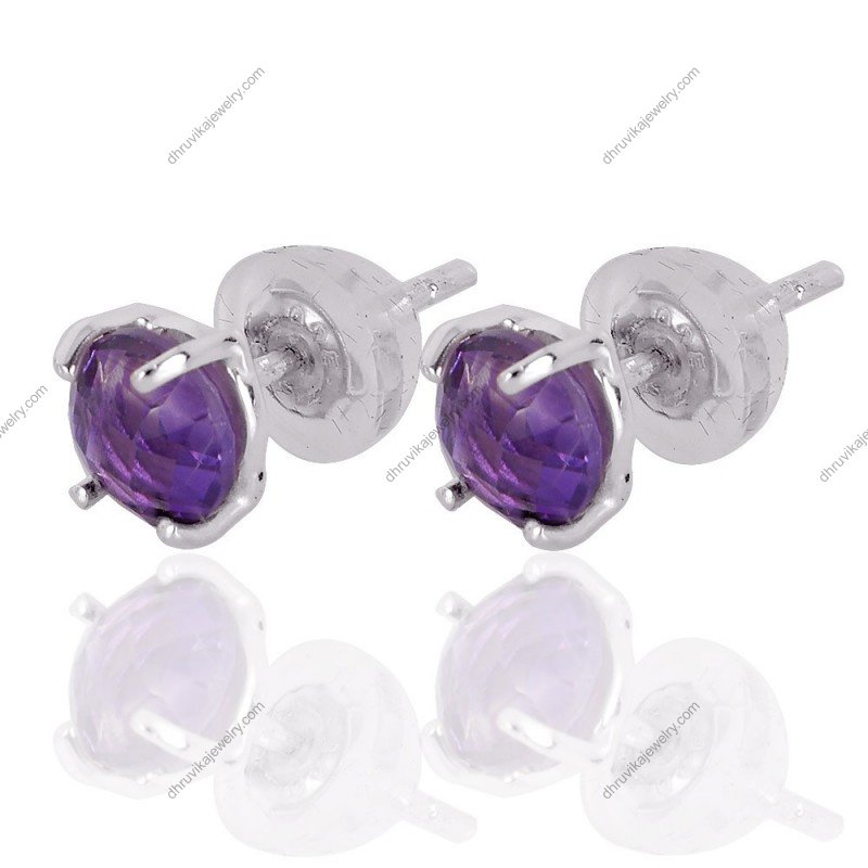 Silver amethyst stud earrings with sterling silver setting and faceted purple gemstones view1