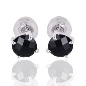 Sterling silver black onyx stud earrings with faceted gemstones and secure butterfly backs main view