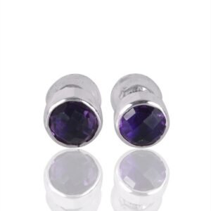 Sterling silver amethyst stud earrings with faceted purple gemstones main view