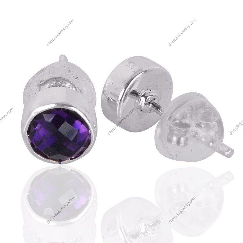 Sterling silver amethyst stud earrings with faceted purple gemstones alternate image