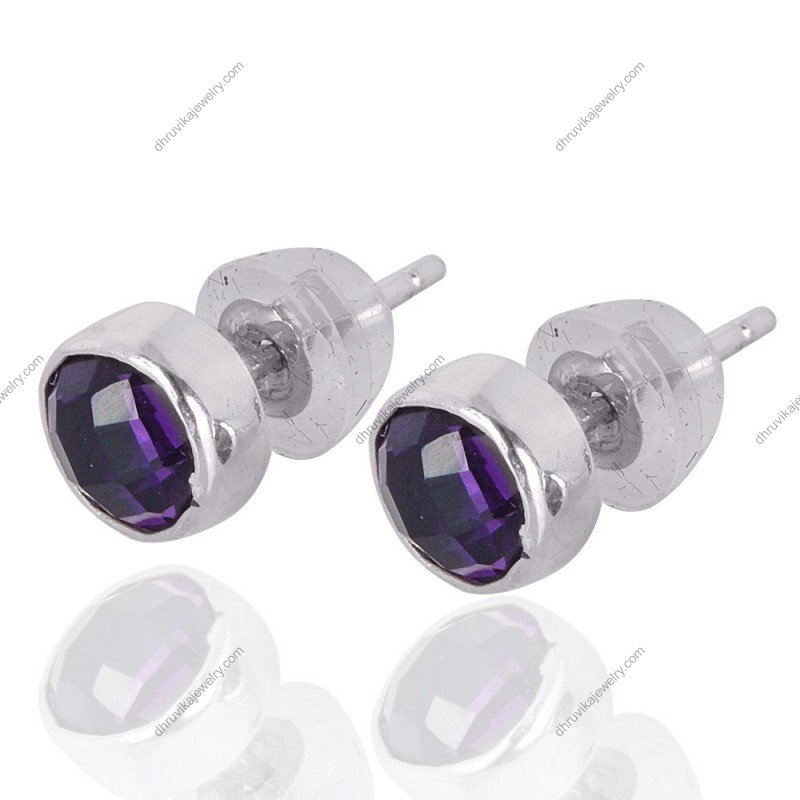 Sterling silver amethyst stud earrings with faceted purple gemstones view1