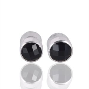 Silver black onyx stud earrings in sterling silver with faceted gemstone design main view