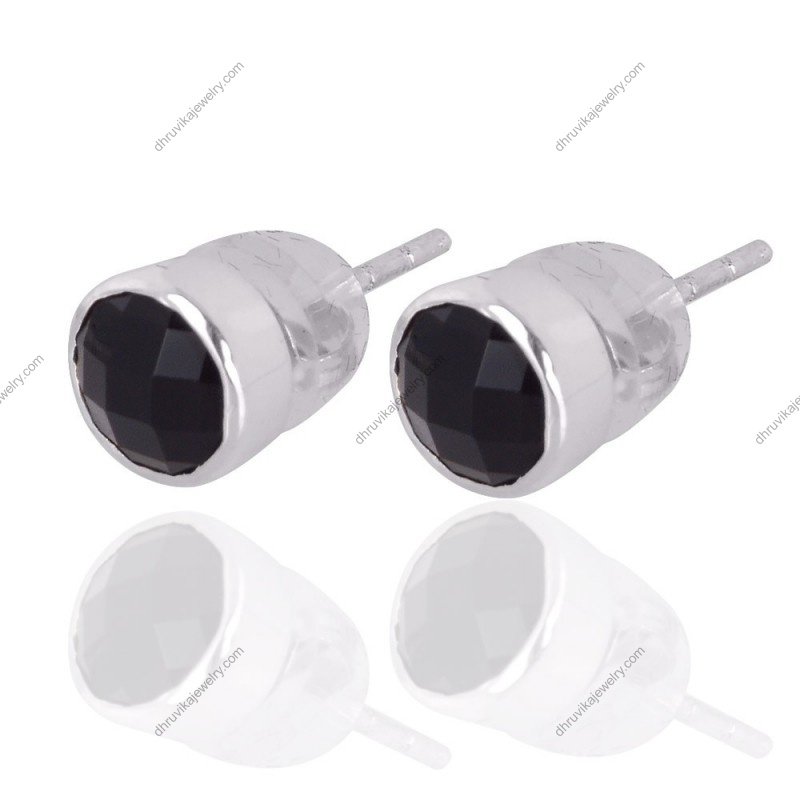 Silver black onyx stud earrings in sterling silver with faceted gemstone design view1