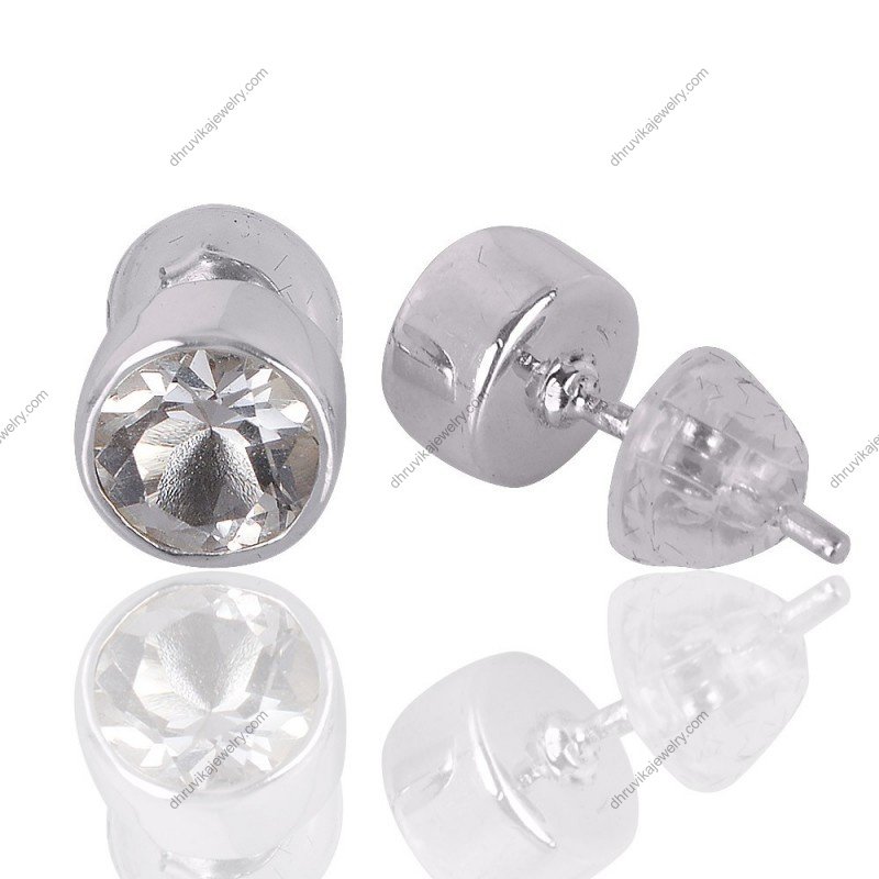 Elegant silver stud earrings with round-cut gemstone in sterling silver setting alternate image