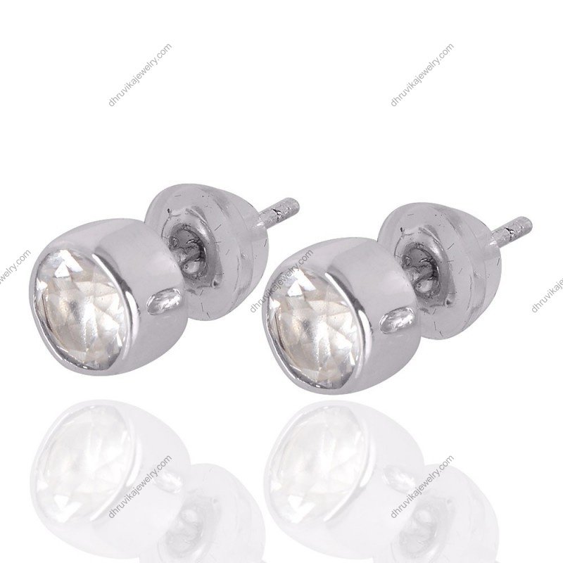 Elegant silver stud earrings with round-cut gemstone in sterling silver setting view1
