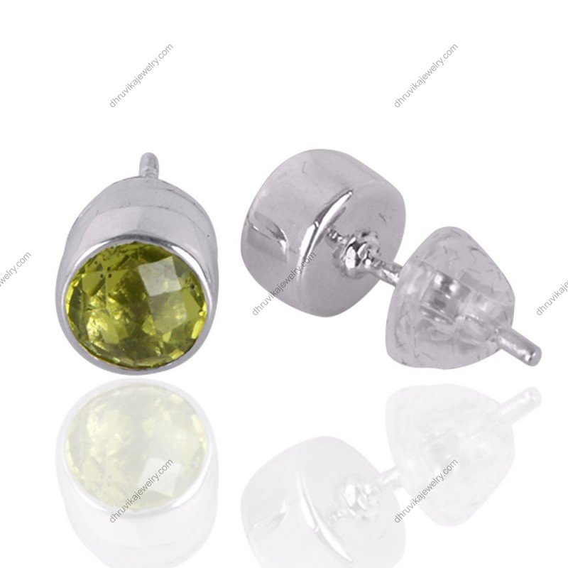 Peridot sterling silver stud earrings with faceted green gemstones, classic and elegant design alternate image