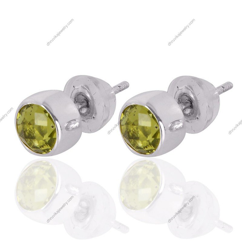 Peridot sterling silver stud earrings with faceted green gemstones, classic and elegant design view1