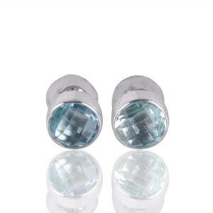 Sterling silver blue topaz stud earrings with faceted round gemstones main view