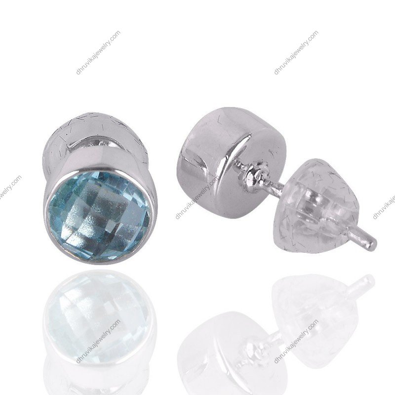 Sterling silver blue topaz stud earrings with faceted round gemstones alternate image
