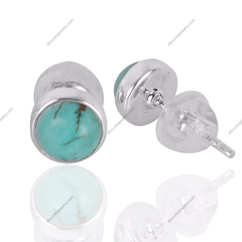 Sterling silver turquoise stud earrings with natural gemstone in minimalist round bezel setting alternate image