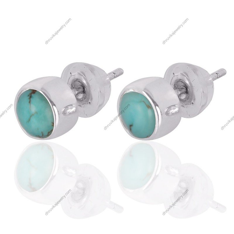 Sterling silver turquoise stud earrings with natural gemstone in minimalist round bezel setting view1