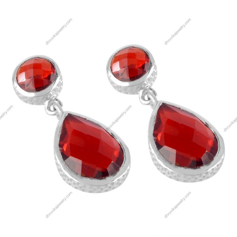 Sterling silver red gemstone dangle earrings with faceted teardrop design alternate image