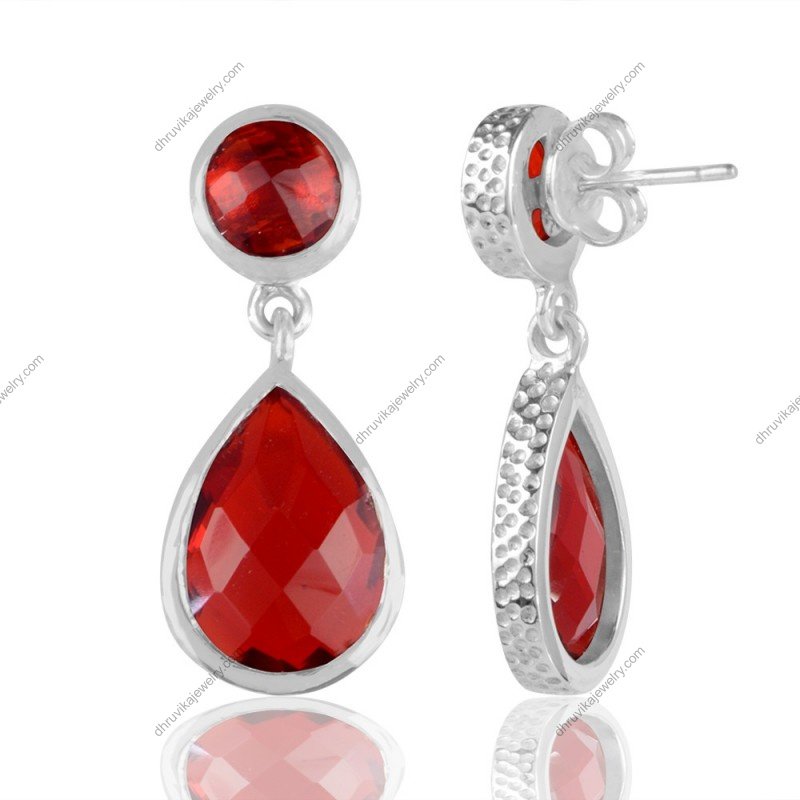 Sterling silver red gemstone dangle earrings with faceted teardrop design view1