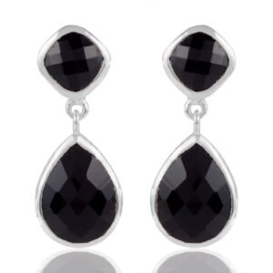 Silver black onyx dangle earrings with faceted gemstones in sterling silver setting main view