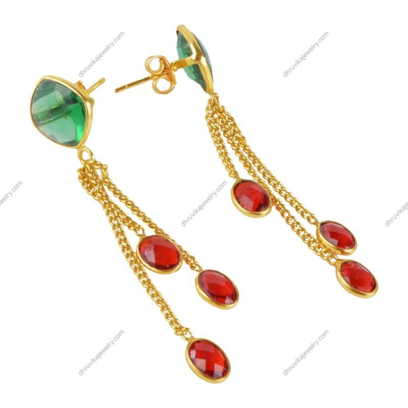 Gold-plated dangle earrings with green and red gemstones, featuring elegant cascading chains alternate image
