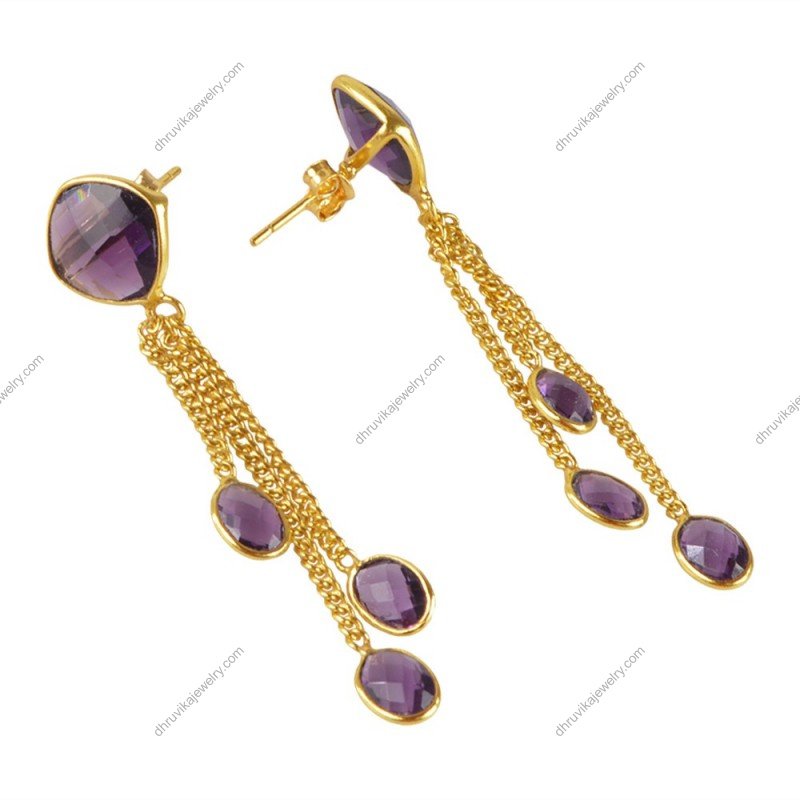 Gold-plated amethyst dangle earrings with faceted purple gemstones and delicate chain design alternate image