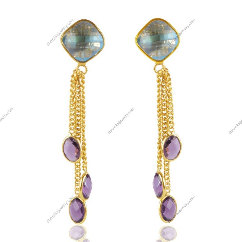 Gold-plated amethyst dangle earrings with faceted purple gemstones and delicate chain design view1