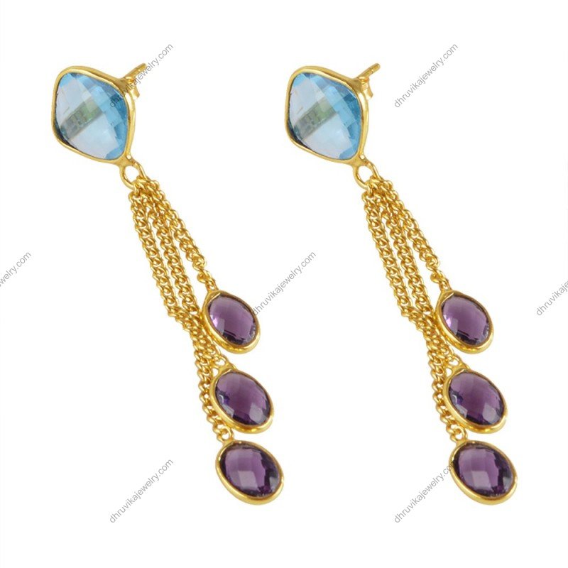 Amethyst and Blue Topaz dangle earrings with gold-plated setting and cascading chains alternate image