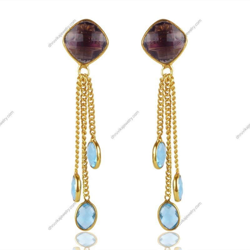 Amethyst and Blue Topaz dangle earrings with gold-plated setting and cascading chains view1
