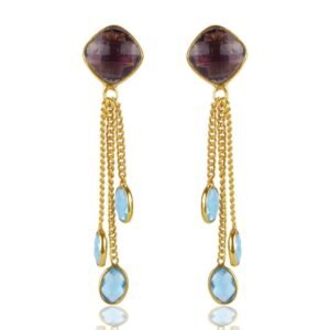 Silver dangle earrings with amethyst and blue topaz gemstones, elegant and handmade. main view