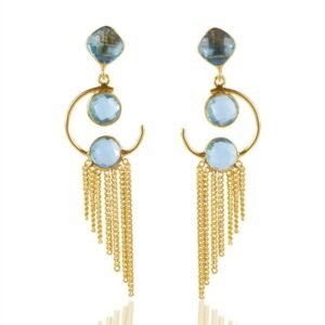 Gold-plated silver earrings with blue topaz gemstones and chain fringe, perfect for elegant styling. main view