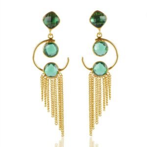 Gold plated green dangle earrings with chain fringe, elegant statement jewelry main view