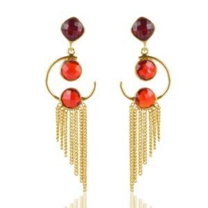 Gold-plated garnet dangle earrings with cascading gold chains and red gemstones main view