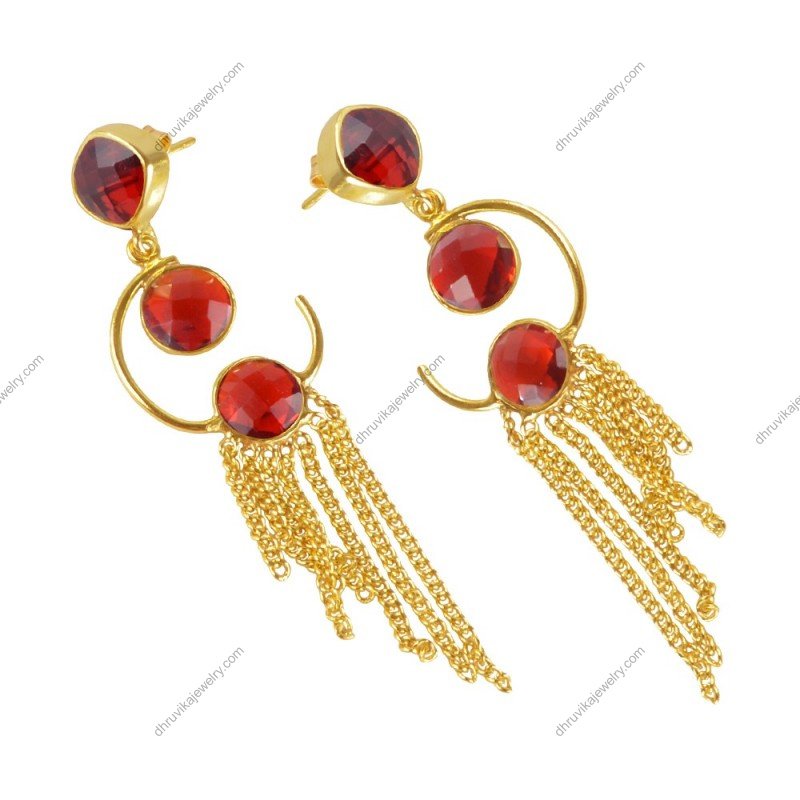 Gold-plated garnet dangle earrings with cascading gold chains and red gemstones alternate image