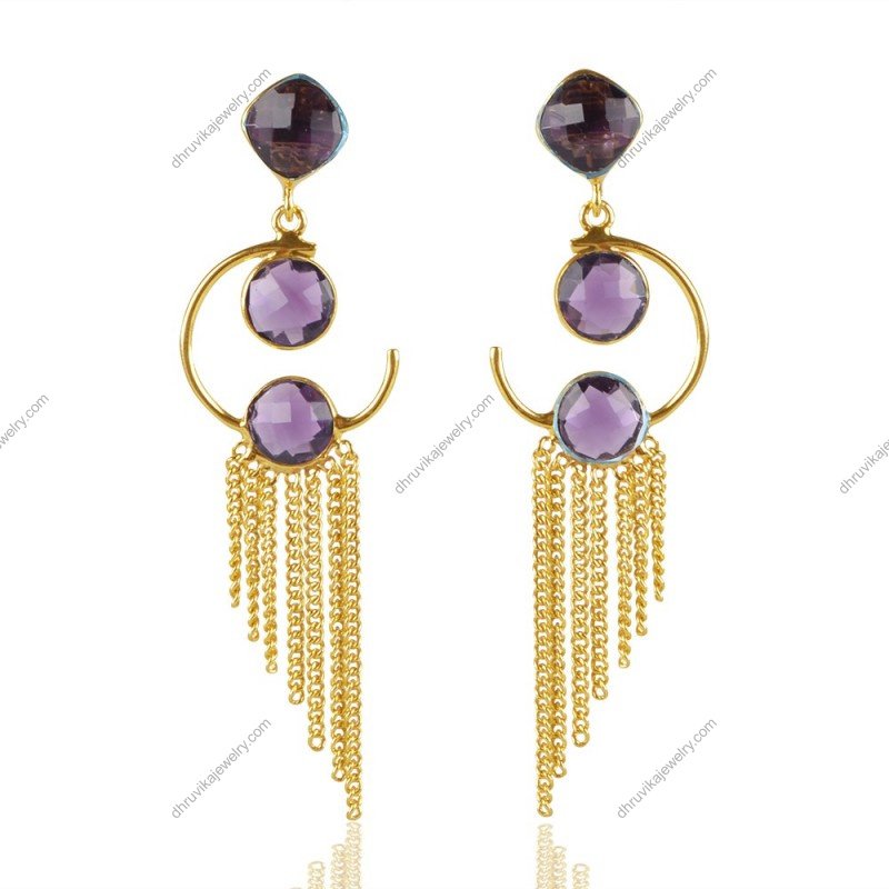 Gold-plated garnet dangle earrings with cascading gold chains and red gemstones view1