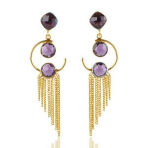 Silver dangle earrings with amethyst gemstones and gold accents main view