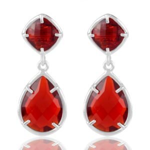 Sterling silver red gemstone drop earrings with faceted stones in elegant design main view