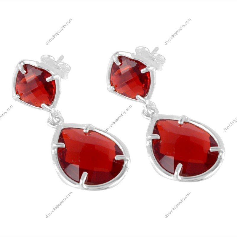 Sterling silver red gemstone drop earrings with faceted stones in elegant design alternate image