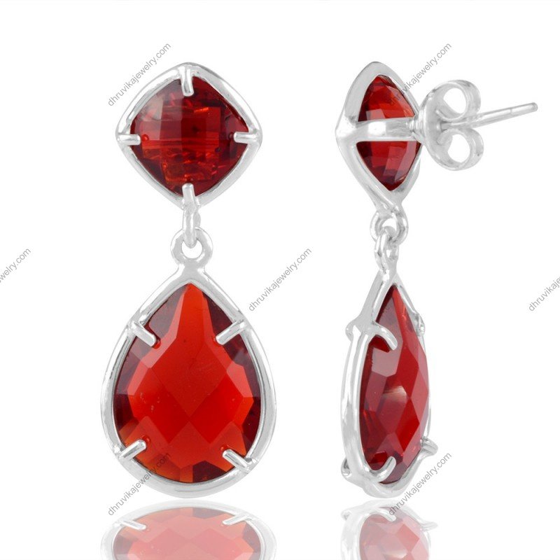 Sterling silver red gemstone drop earrings with faceted stones in elegant design view1