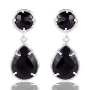 Silver black onyx dangle earrings with faceted gemstones in sterling silver setting main view