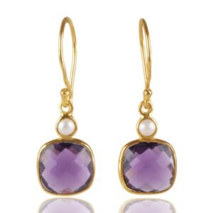 Gold-plated amethyst and pearl drop earrings with sterling silver hooks main view