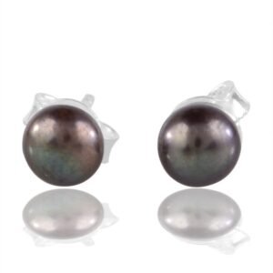 Silver black pearl stud earrings in sterling silver with butterfly backs main view