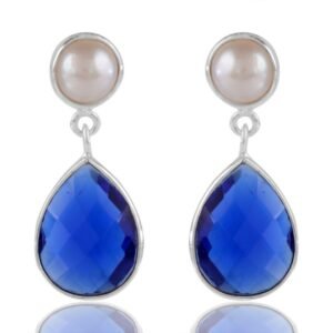 Silver pearl and blue teardrop gemstone earrings in sterling silver setting main view