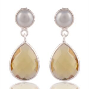 Silver pearl and citrine drop earrings in sterling silver with teardrop gemstone design main view