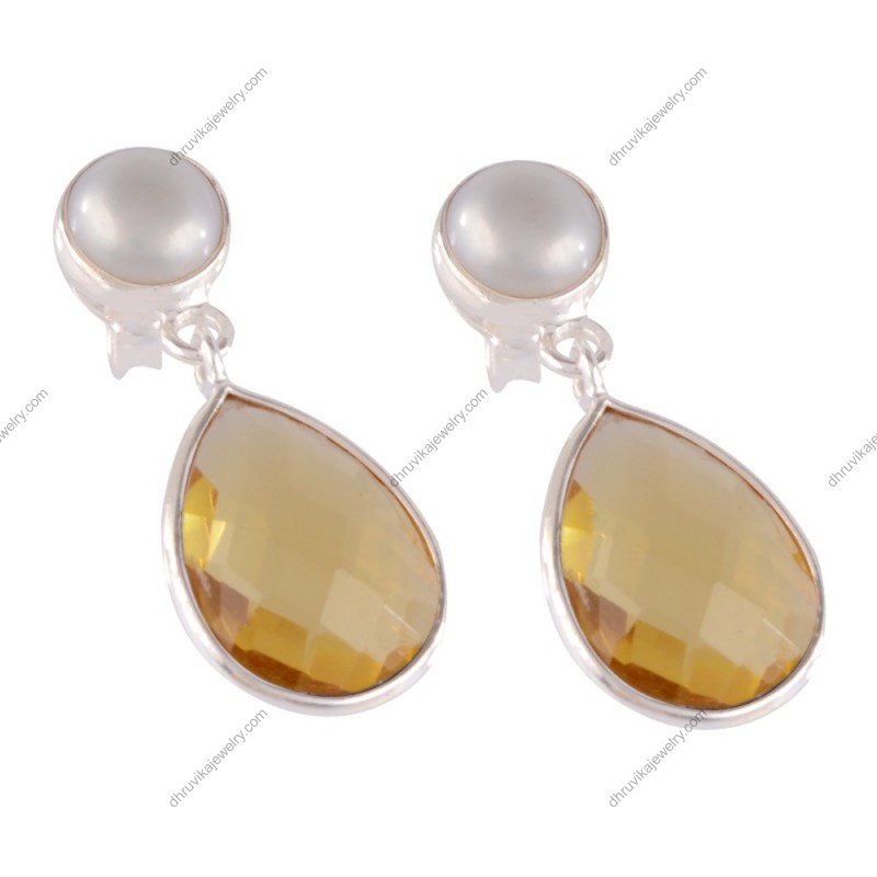 Silver pearl and citrine drop earrings in sterling silver with teardrop gemstone design alternate image