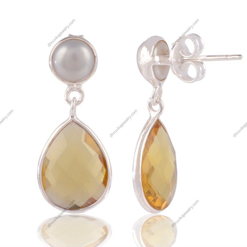 Silver pearl and citrine drop earrings in sterling silver with teardrop gemstone design view1