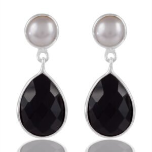 Silver black onyx and pearl drop earrings in sterling silver setting main view