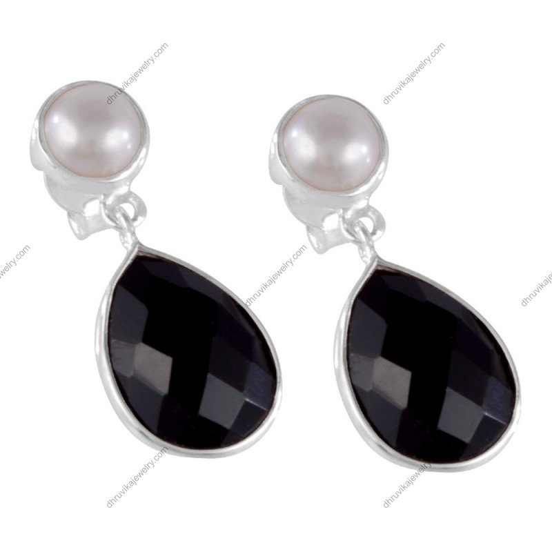 Silver black onyx and pearl drop earrings in sterling silver setting alternate image