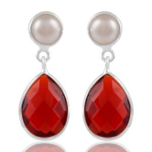 Silver pearl and red garnet drop earrings in sterling silver setting main view