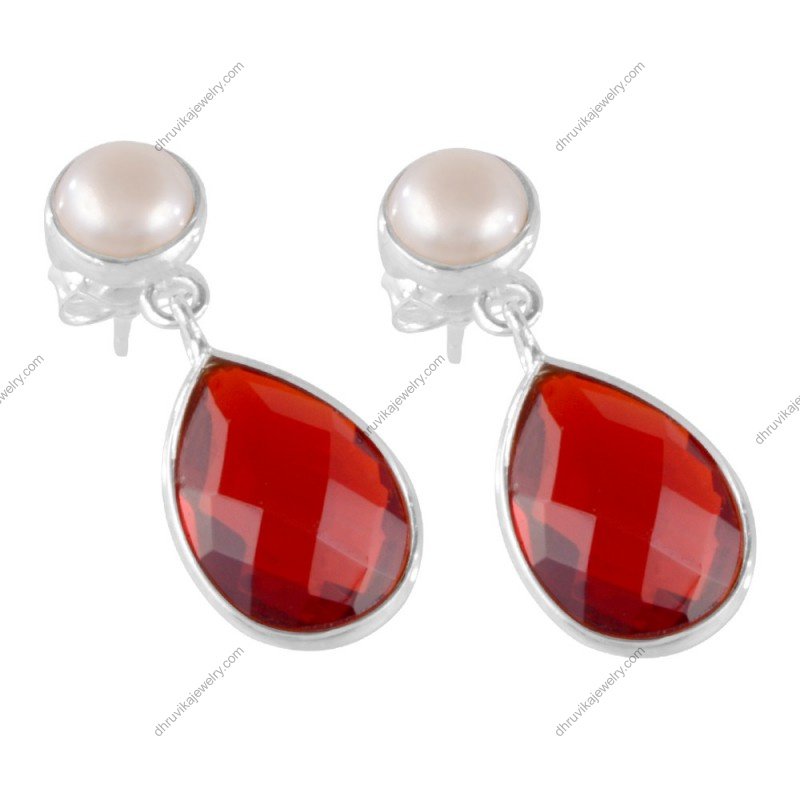 Silver pearl and red garnet drop earrings in sterling silver setting alternate image
