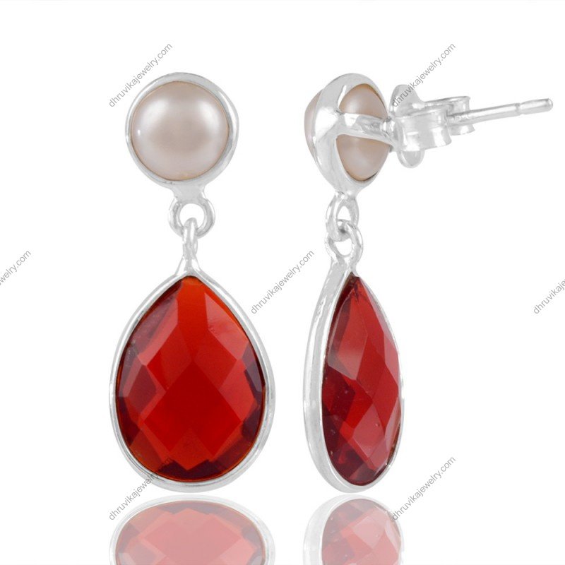 Silver pearl and red garnet drop earrings in sterling silver setting view1